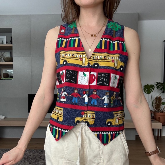 Vintage School Print Sleeveless vest top small - Picture 3 of 12
